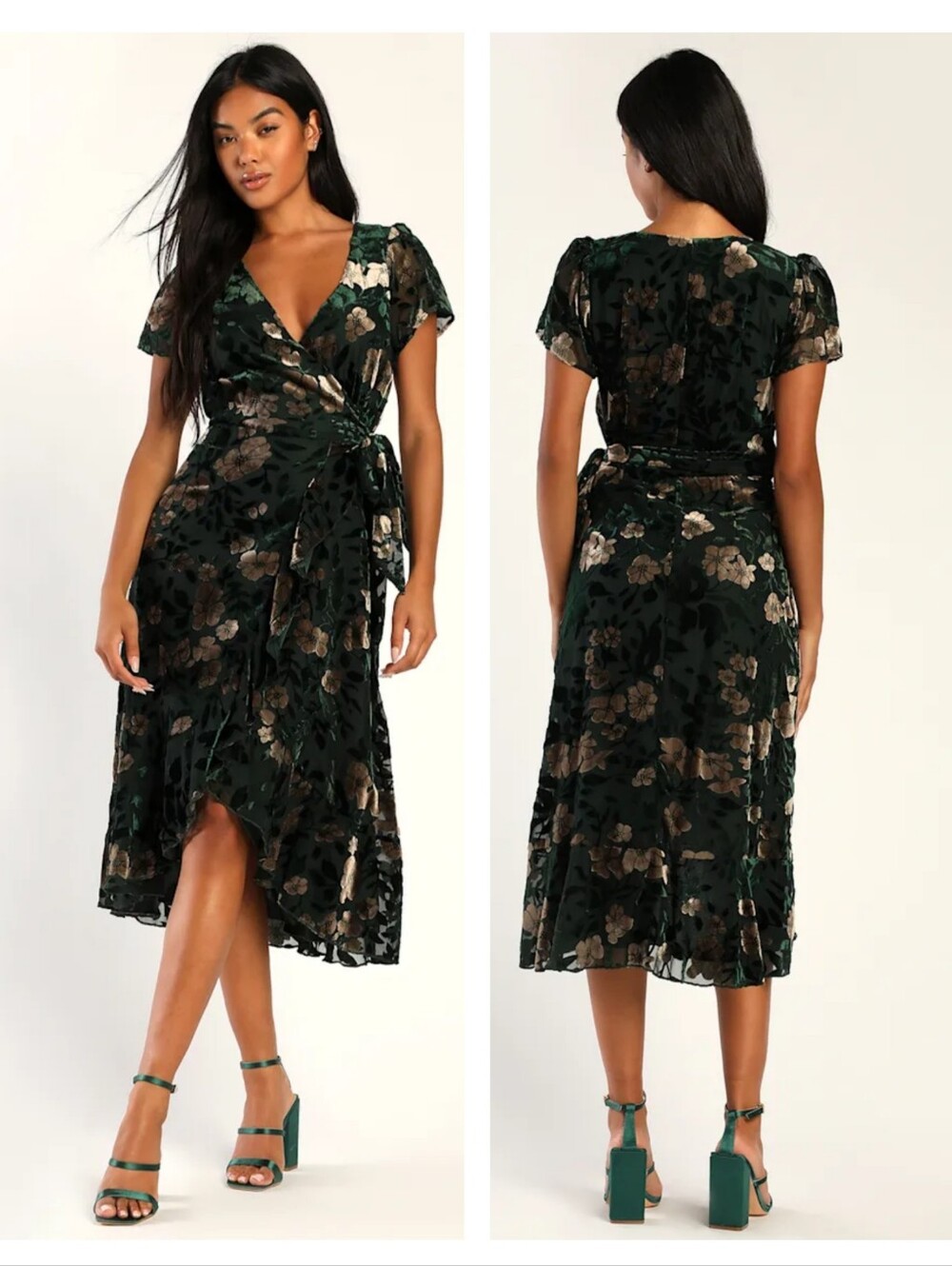 Lulus Chic Status Emerald Green Floral Velvet Burnout Wrap Midi Dress Large